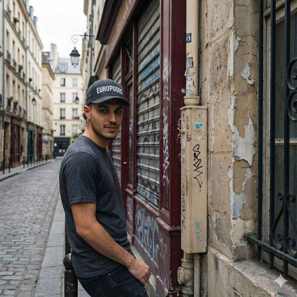 Person wearing EUROPOORS cap on Paris street